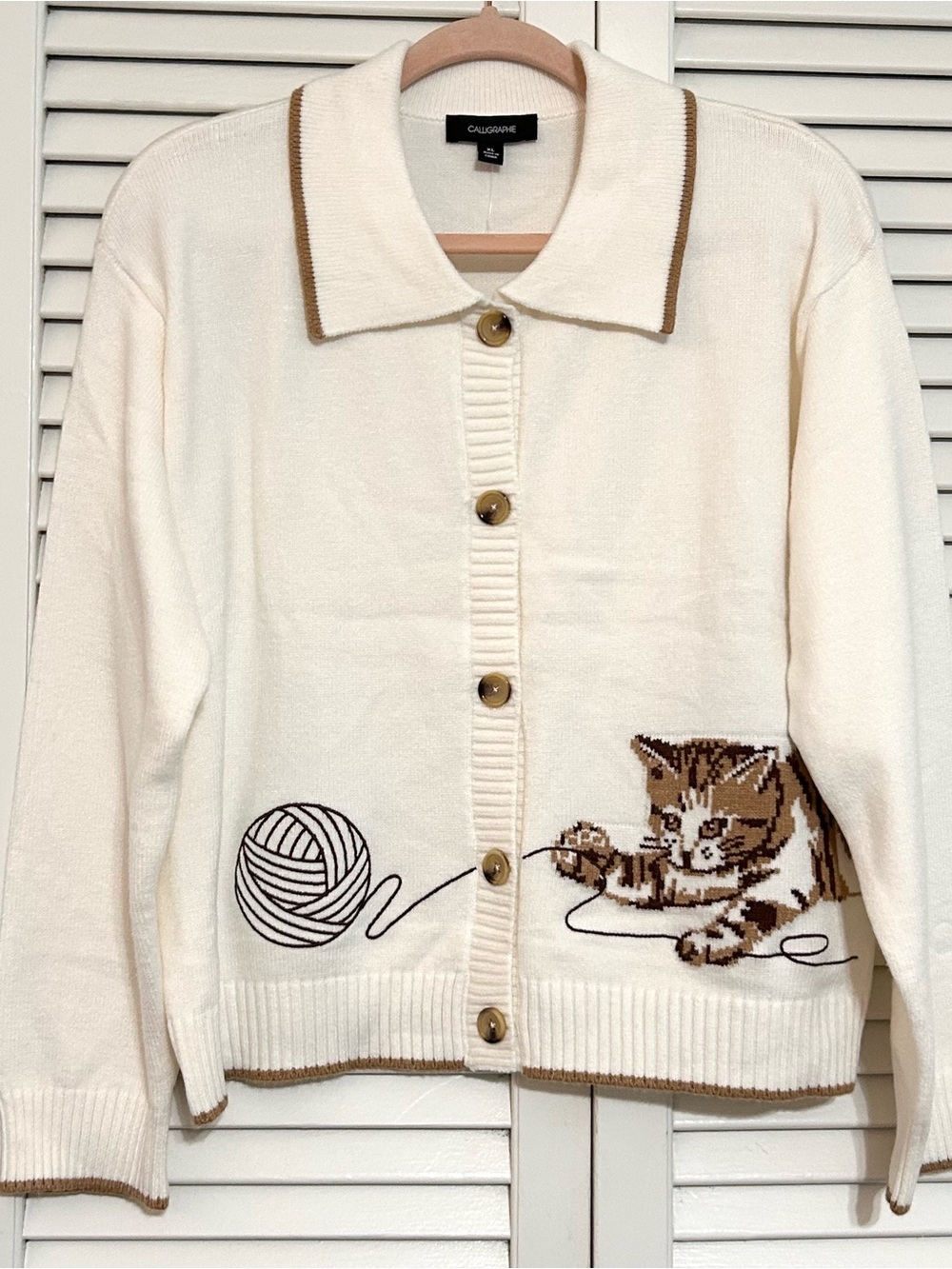 Anthropologie cat kitty novelty sweater buttoned cardigan cream quiet lux NWT XL